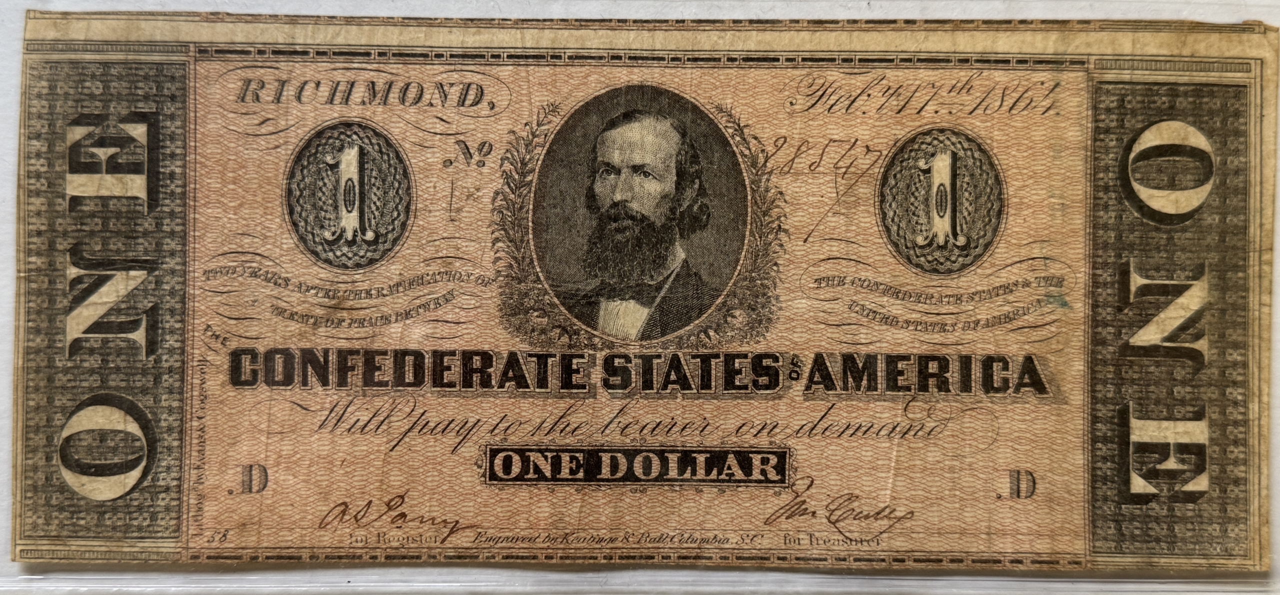 Confederate Notes 1864 $1 CONFEDERATE STATES DOLLAR, 2/17/64, TY 71 – VERY FINE! TOUGHER! Confederate Notes 1864 $1 CONFEDERATE STATES DOLLAR, 2/17/64, TY 71 – VERY FINE! TOUGHER!