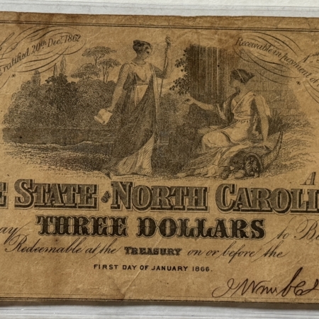 New Store Items 1863 $3 STATE OF NORTH CAROLINA CURRENCY, JANUARY 1, 1863, CR-125 FINE/VERY FINE New Store Items 1863 $3 STATE OF NORTH CAROLINA CURRENCY, JANUARY 1, 1863, CR-125 FINE/VERY FINE