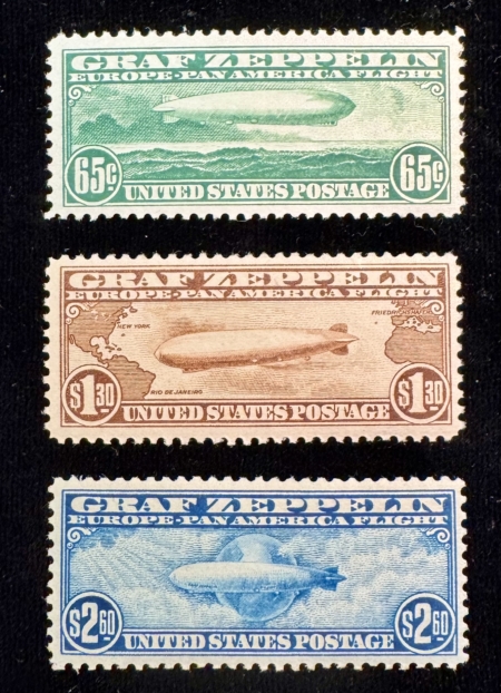 Air Post Stamps SCOTT #s C-13, 14 & 15, GRAF ZEPPELIN AIRMAILS, 65c, $1.30, $2.60; MOG NH & VF!