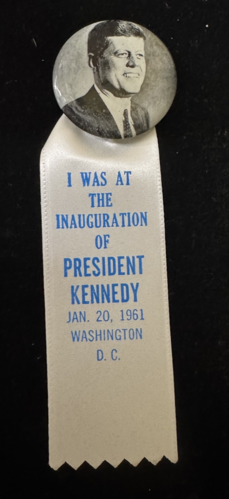 New Store Items 1961 JOHN F. KENNEDY 1 3/4″ INAUGURAL BUTTON W/ 4 1/2″ RIBBON, UNUSUAL/NEAR MINT