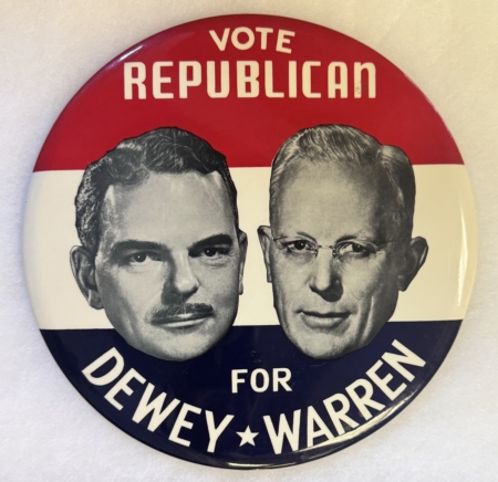 New Store Items 1948 DEWEY-WARREN 9″ DINNER PLATE SIZE JUGATE CAMPAIGN BUTTON-BRIGHT & GRAPHIC!