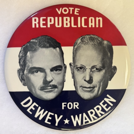 New Store Items 1948 DEWEY-WARREN 9″ DINNER PLATE SIZE JUGATE CAMPAIGN BUTTON-BRIGHT & GRAPHIC!