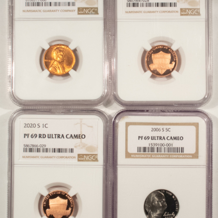 Lincoln Cents (Wheat) 1958, 2019S, 2020S LINCOLN CENTS, 2006S JEFFERSON 5C LOT OF 4 NGC MS-65 RD/PF-69