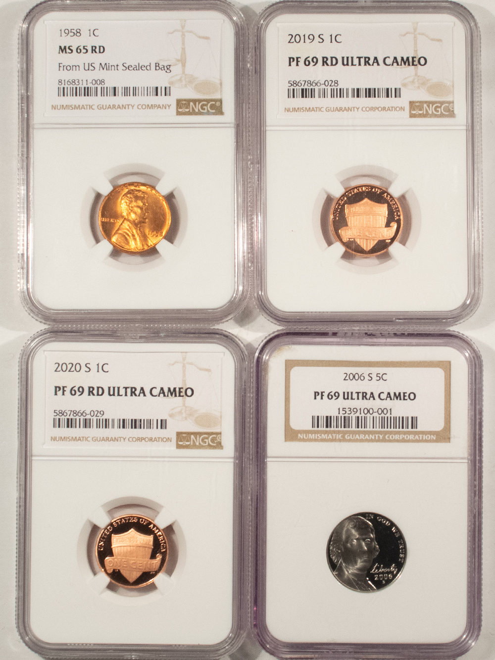 Lincoln Cents (Wheat) 1958, 2019S, 2020S LINCOLN CENTS, 2006S JEFFERSON 5C LOT OF 4 NGC MS-65 RD/PF-69 Lincoln Cents (Wheat) 1958, 2019S, 2020S LINCOLN CENTS, 2006S JEFFERSON 5C LOT OF 4 NGC MS-65 RD/PF-69