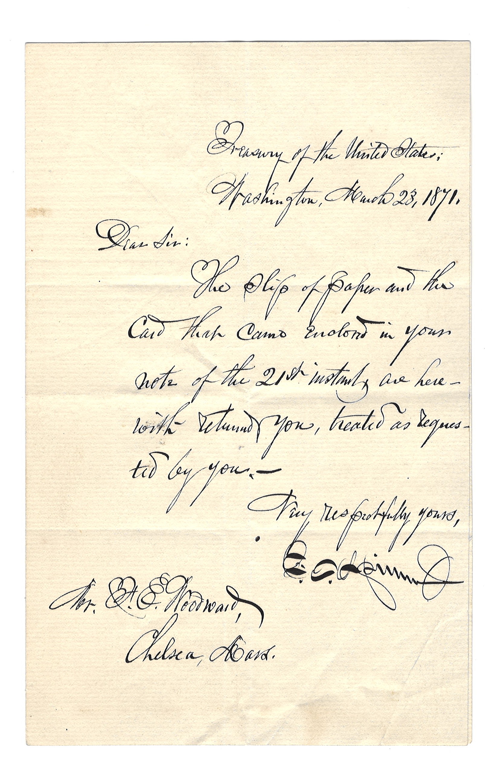 Documents & Autographs Francis Elias Spinner, Secretary of the Treasury Handwritten & Signed Letter Documents & Autographs Francis Elias Spinner, Secretary of the Treasury Handwritten & Signed Letter