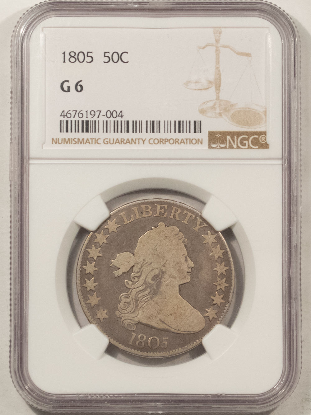 Early Halves 1805 DRAPED BUST HALF DOLLAR – NGC G-6, PLEASING! Early Halves 1805 DRAPED BUST HALF DOLLAR – NGC G-6, PLEASING!