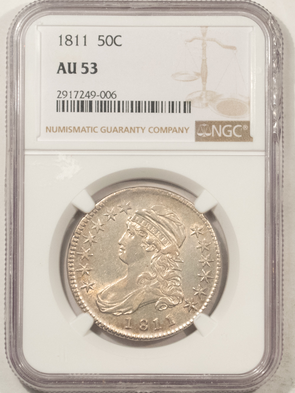 Early Halves 1811 CAPPED BUST HALF DOLLAR, SMALL 8 – NGC AU-53 FLASHY Early Halves 1811 CAPPED BUST HALF DOLLAR, SMALL 8 – NGC AU-53 FLASHY