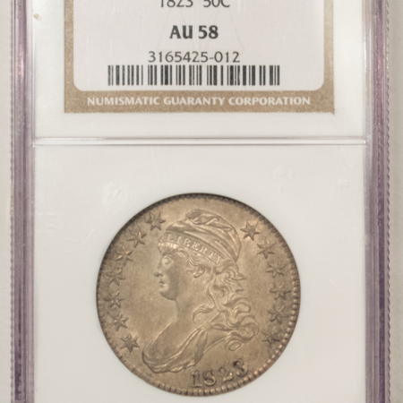 Early Halves 1823 CAPPED BUST HALF DOLLAR – NGC AU-58, FRESH ORIGINAL AND PERFECT!
