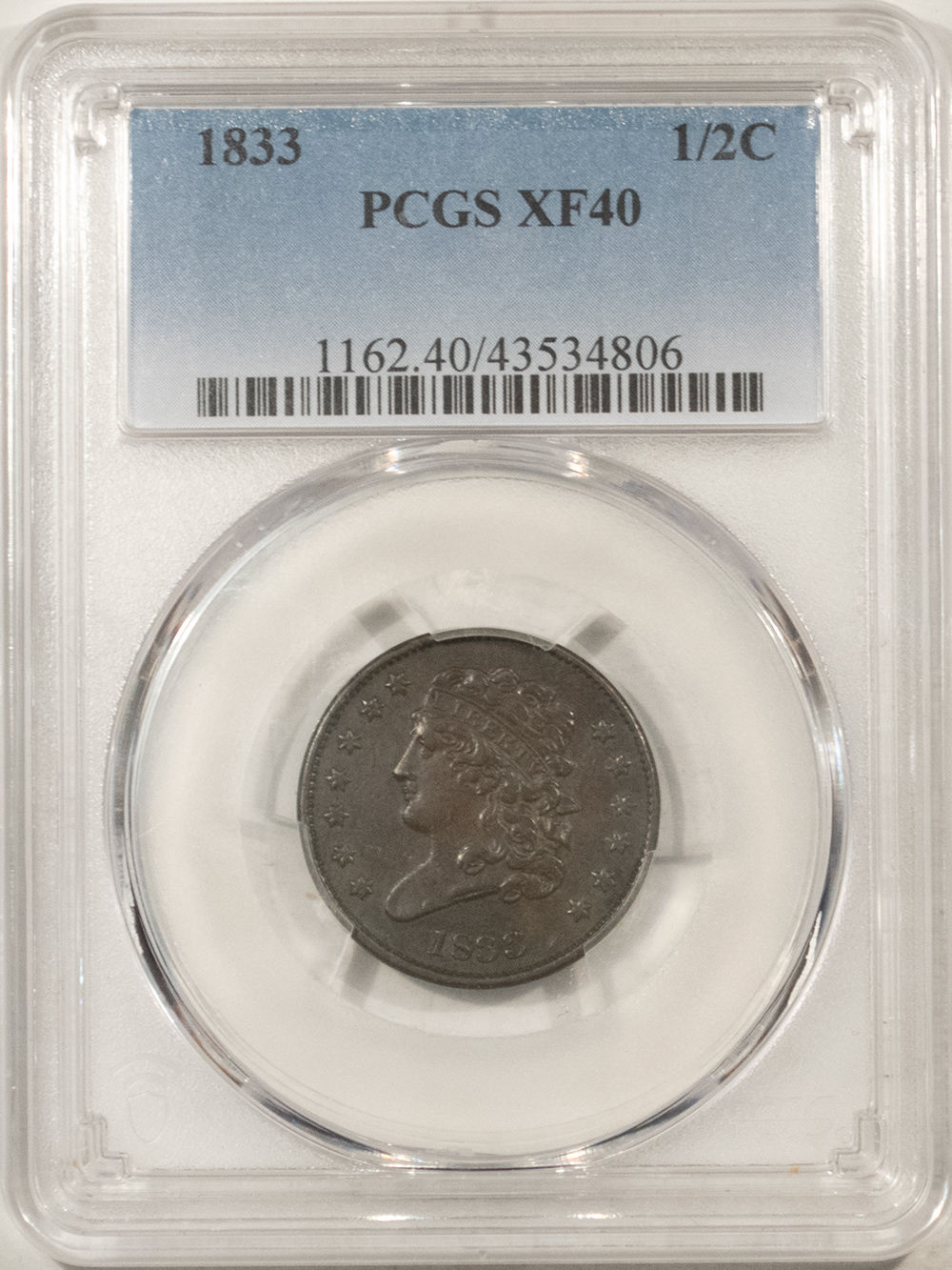 Classic Head Half Cents 1833 CLASSIC HEAD HALF CENT – PCGS XF-40 Classic Head Half Cents 1833 CLASSIC HEAD HALF CENT – PCGS XF-40