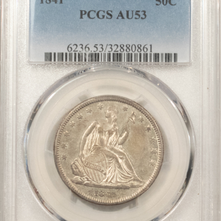 Half Dollars 1841 SEATED LIBERTY HALF DOLLAR – PCGS AU-53, ORIGINAL & LUSTROUS!
