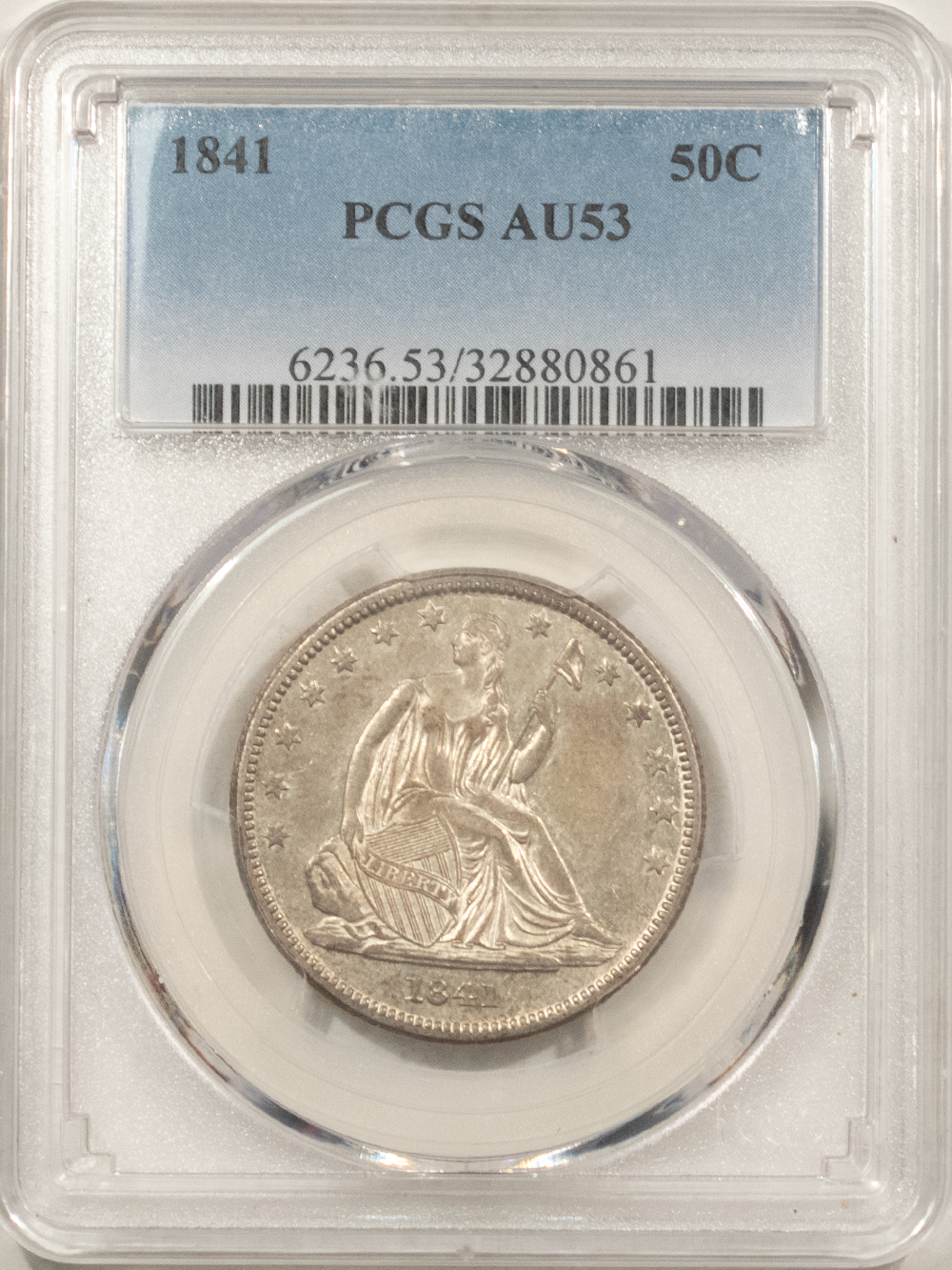 Half Dollars 1841 SEATED LIBERTY HALF DOLLAR – PCGS AU-53, ORIGINAL & LUSTROUS! Half Dollars 1841 SEATED LIBERTY HALF DOLLAR – PCGS AU-53, ORIGINAL & LUSTROUS!