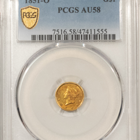 $1 1851-O TYPE 1 $1 GOLD DOLLAR – PCGS AU-58 NICE ORIGINAL NEW ORLEANS GOLD