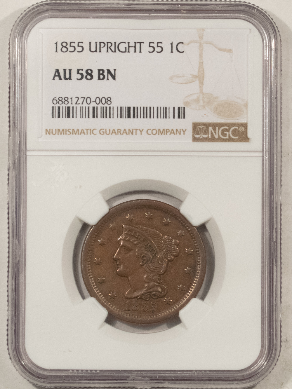 Braided Hair Large Cents 1855 BRAIDED HAIR LARGE CENT, UPRIGHT 55 – NGC AU-58 BN Braided Hair Large Cents 1855 BRAIDED HAIR LARGE CENT, UPRIGHT 55 – NGC AU-58 BN