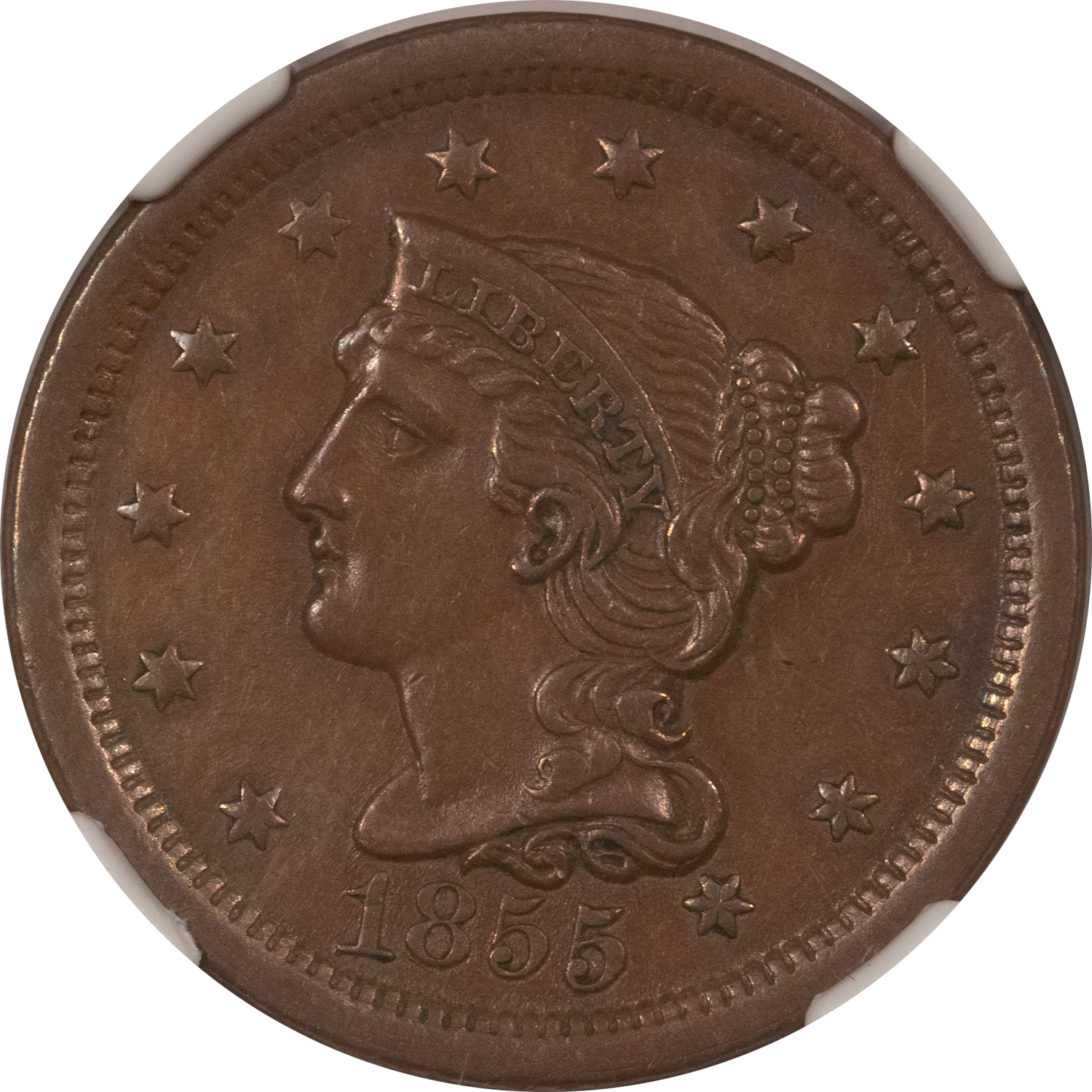 Braided Hair Large Cents 1855 BRAIDED HAIR LARGE CENT, UPRIGHT 55 – NGC AU-58 BN Braided Hair Large Cents 1855 BRAIDED HAIR LARGE CENT, UPRIGHT 55 – NGC AU-58 BN