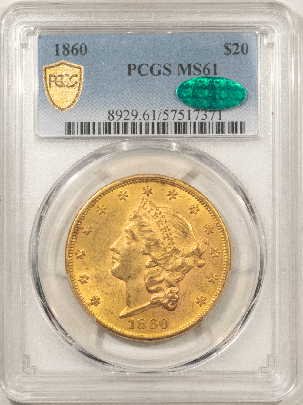 $20 1860 TYPE 1 $20 LIBERTY GOLD DOUBLE EAGLE – PCGS MS-61, CAC APPROVED! $20 1860 TYPE 1 $20 LIBERTY GOLD DOUBLE EAGLE – PCGS MS-61, CAC APPROVED!