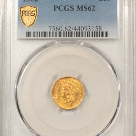 $1 1862 TYPE 3 $1 GOLD DOLLAR – PCGS MS-62 LUSTROUS PRETTY CIVIL WAR DATE