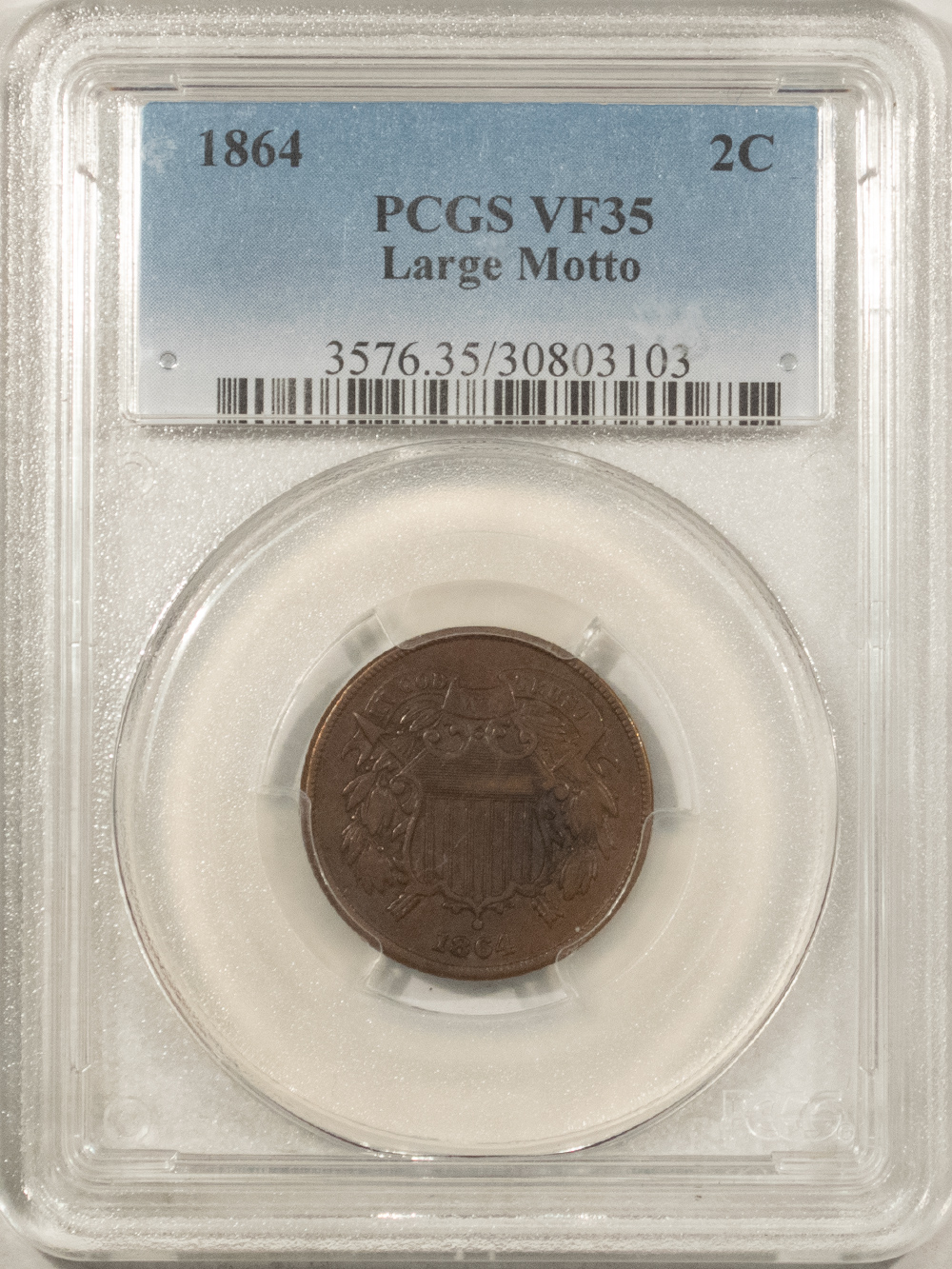 New Certified Coins 1864 TWO CENT PIECE, LARGE MOTTO – PCGS VF-35, NICE CIRC! New Certified Coins 1864 TWO CENT PIECE, LARGE MOTTO – PCGS VF-35, NICE CIRC!