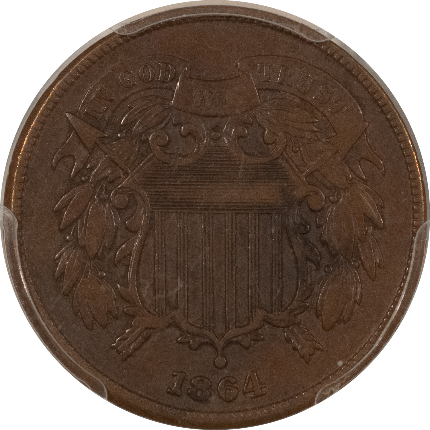 New Certified Coins 1864 TWO CENT PIECE, LARGE MOTTO – PCGS VF-35, NICE CIRC! New Certified Coins 1864 TWO CENT PIECE, LARGE MOTTO – PCGS VF-35, NICE CIRC!