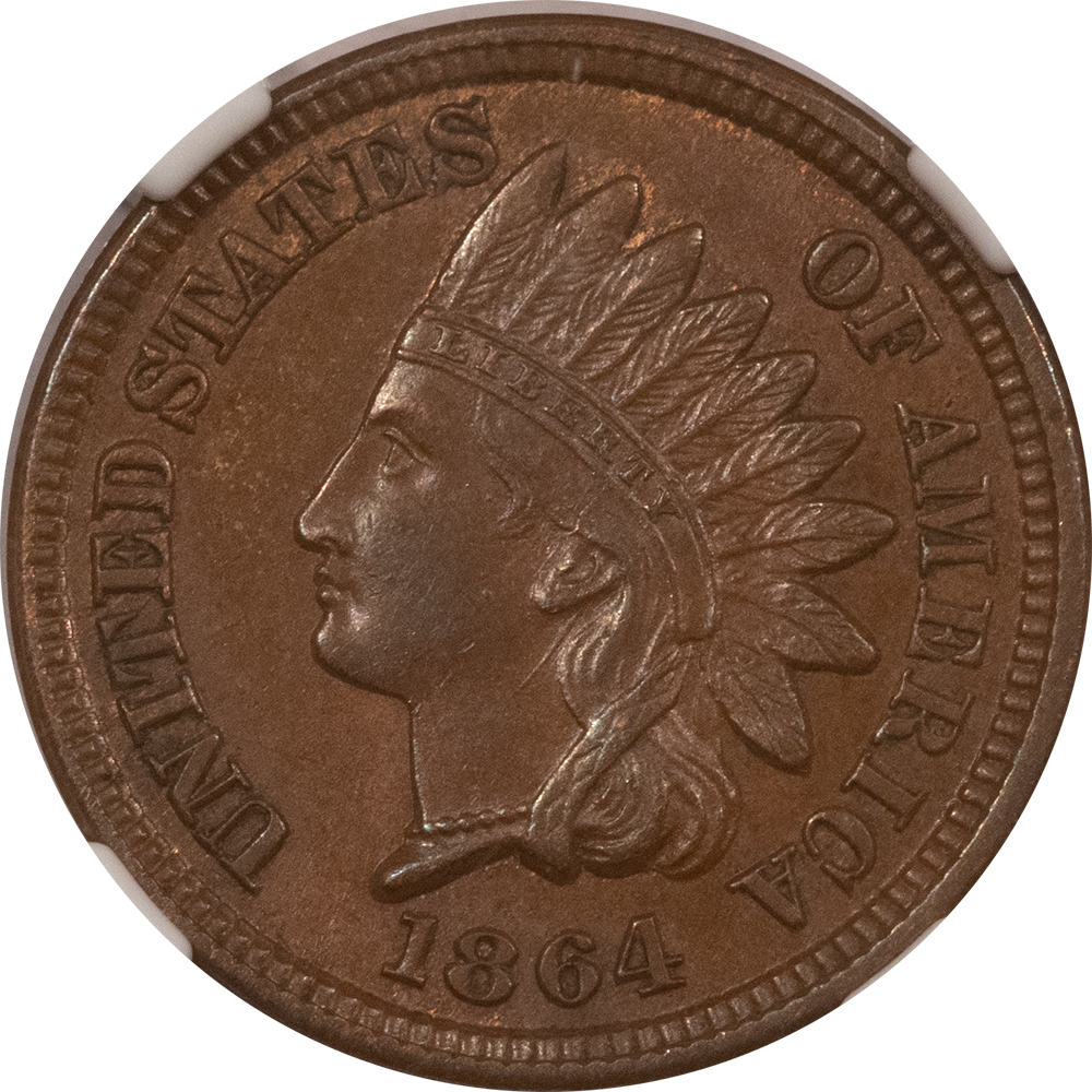 Indian 1864 INDIAN CENT, BRONZE – NGC AU-58 BN Indian 1864 INDIAN CENT, BRONZE – NGC AU-58 BN