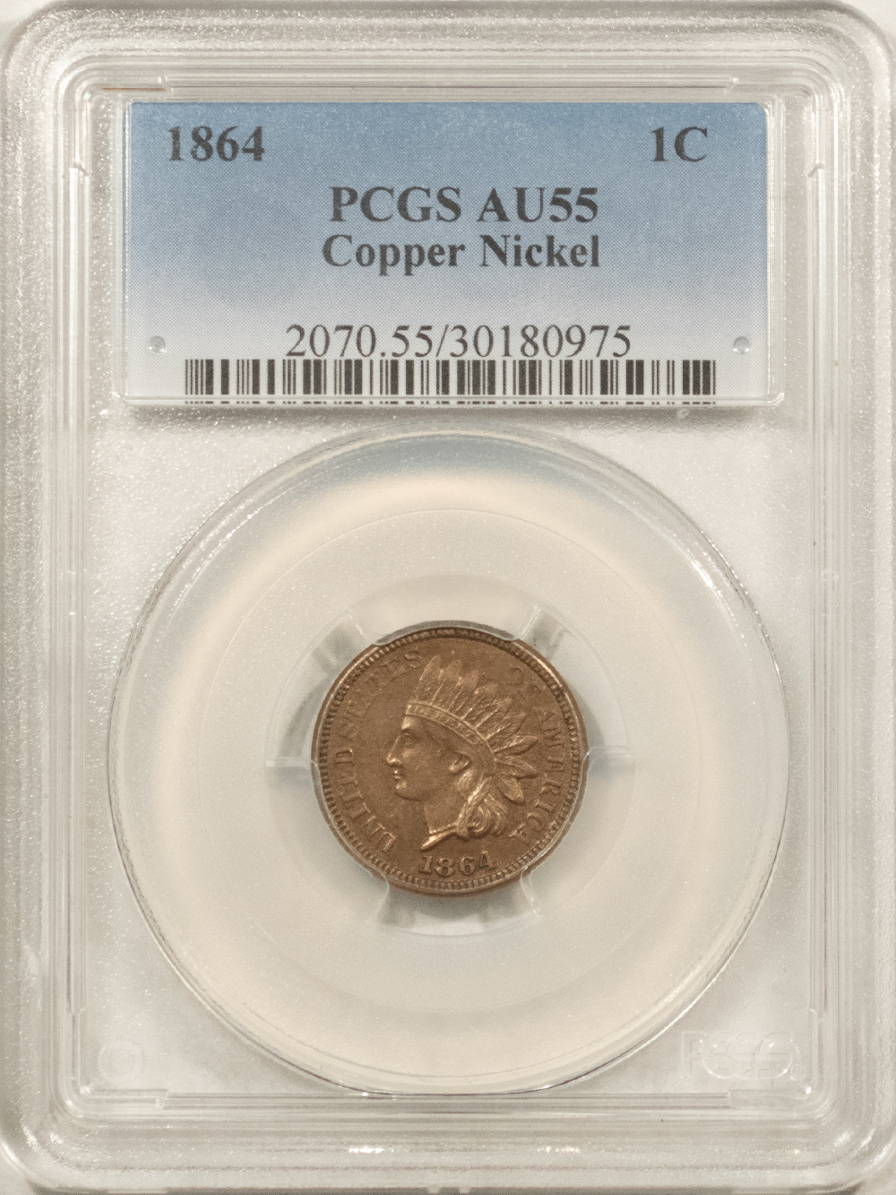 Indian 1864 INDIAN CENT, COPPER NICKEL – PCGS AU-55 Indian 1864 INDIAN CENT, COPPER NICKEL – PCGS AU-55