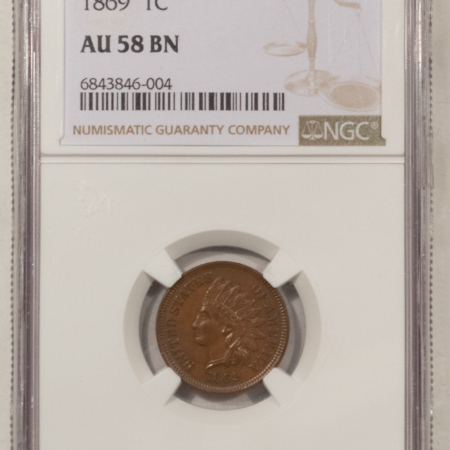 Indian 1869 INDIAN CENT – NGC AU-58 BN LOOKS UNCIRCULATED, NICE AND SMOOTH BROWN