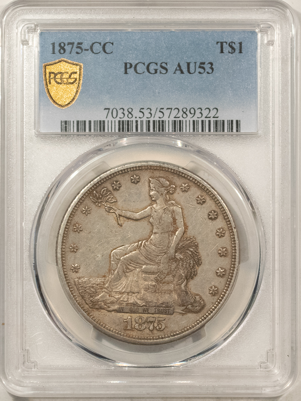 Dollars 1875-CC $1 TRADE DOLLAR – PCGS AU-53, TOUGH! CARSON CITY! Dollars 1875-CC $1 TRADE DOLLAR – PCGS AU-53, TOUGH! CARSON CITY!