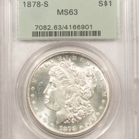 Dollars 1878-S MORGAN DOLLAR PCGS MS-63 BLAST WHITE, OLD GREEN HOLDER, PREMIUM QUALITY!