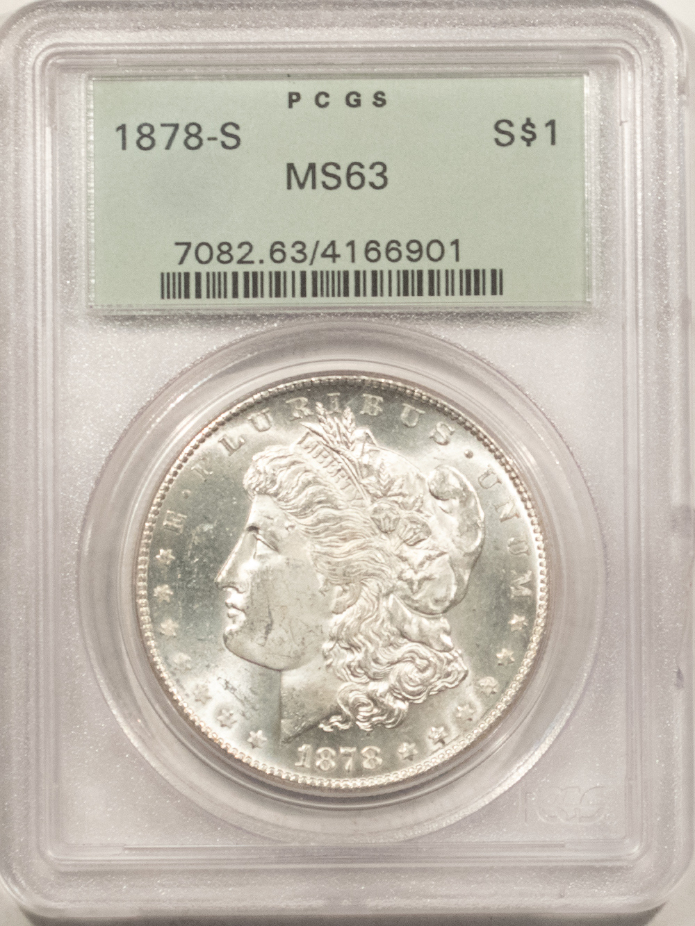 Dollars 1878-S MORGAN DOLLAR PCGS MS-63 BLAST WHITE, OLD GREEN HOLDER, PREMIUM QUALITY! Dollars 1878-S MORGAN DOLLAR PCGS MS-63 BLAST WHITE, OLD GREEN HOLDER, PREMIUM QUALITY!