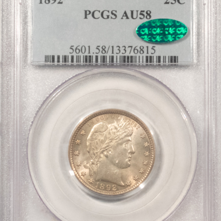 Barber Quarters 1892 BARBER QUARTER – PCGS AU-58, LOOKS MS-62! PREMIUM QUALITY! CAC APPROVED!