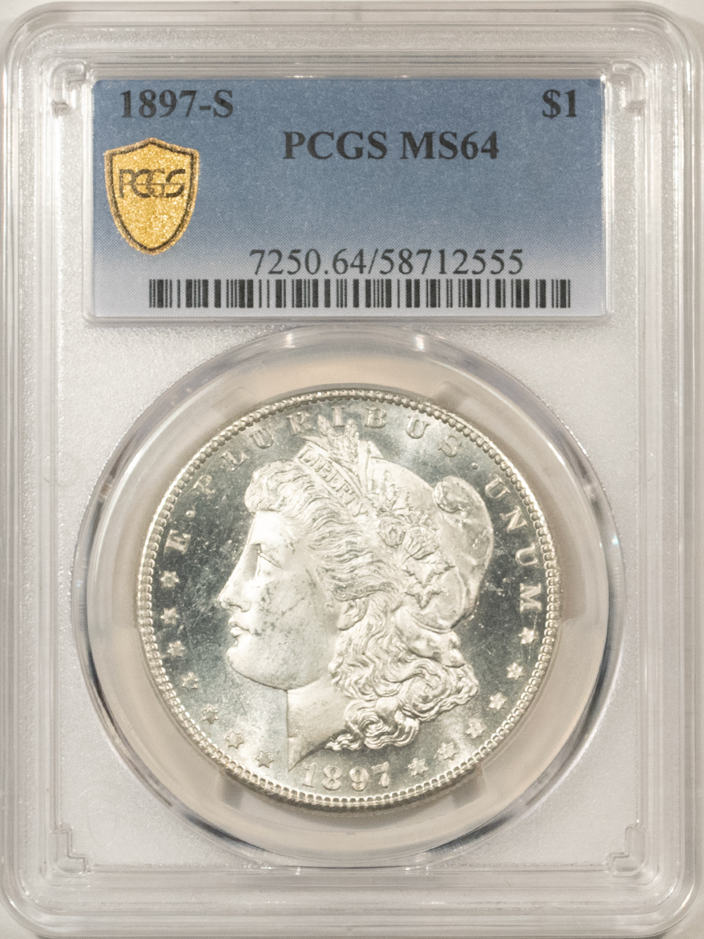 Dollars 1897-S $1 MORGAN DOLLAR – PCGS MS-64, BLAST WHITE & PQ+, LOOKS PROOFLIKE! Dollars 1897-S $1 MORGAN DOLLAR – PCGS MS-64, BLAST WHITE & PQ+, LOOKS PROOFLIKE!