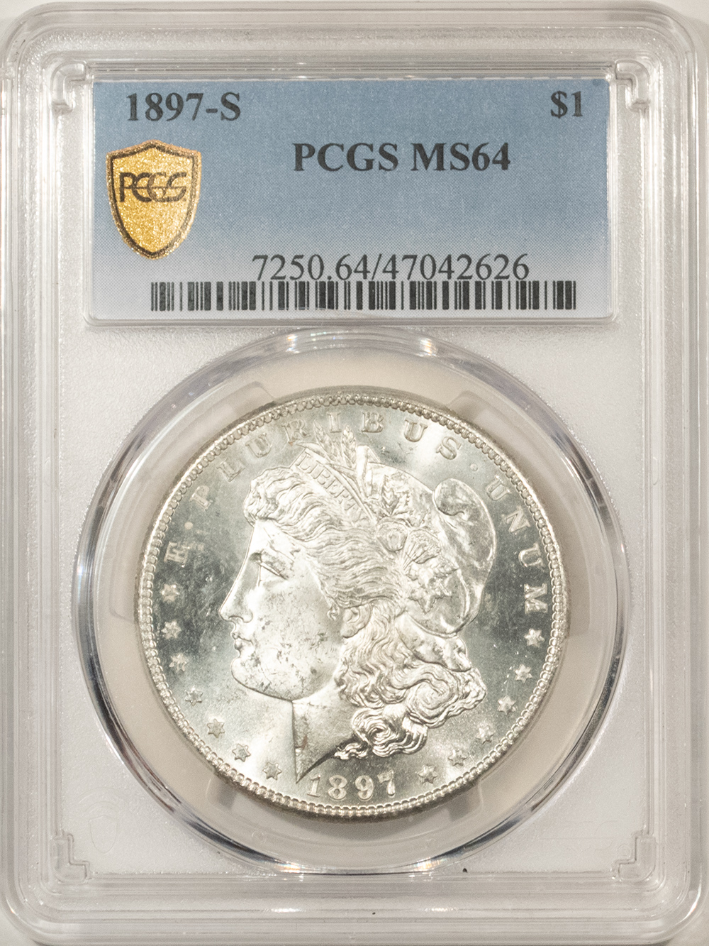 Dollars 1897-S $1 MORGAN DOLLAR – PCGS MS-64, BLAST WHITE & PREMIUM QUALITY! Dollars 1897-S $1 MORGAN DOLLAR – PCGS MS-64, BLAST WHITE & PREMIUM QUALITY!