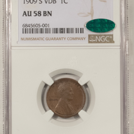 Lincoln Cents (Wheat) 1909-S VDB LINCOLN CENT – NGC AU-58 BN, CAC APPROVED! SUPER FRESH & PQ KEY-DATE!