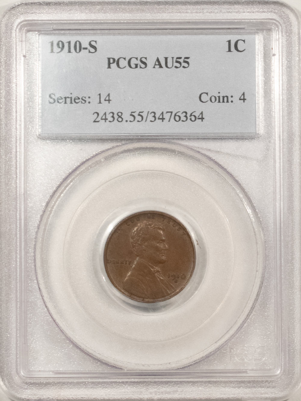 Lincoln Cents (Wheat) 1910-S LINCOLN CENT – PCGS AU-55, LOOKS UNC! Lincoln Cents (Wheat) 1910-S LINCOLN CENT – PCGS AU-55, LOOKS UNC!