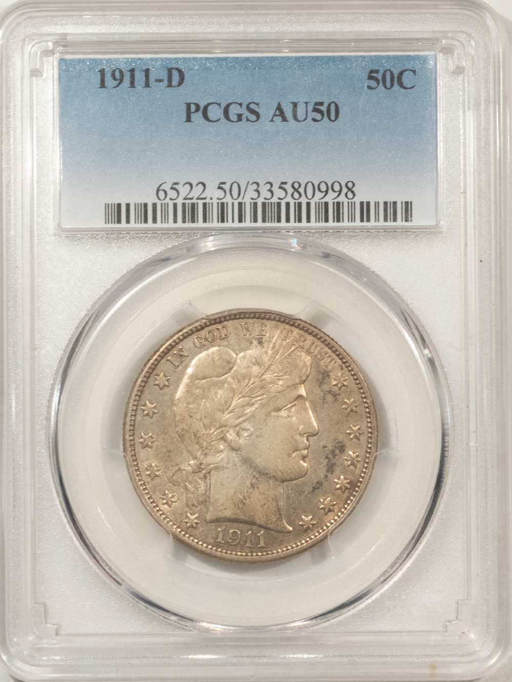 Barber Halves 1911-D BARBER HALF DOLLAR – PCGS AU-50 NICE ORIGINAL Barber Halves 1911-D BARBER HALF DOLLAR – PCGS AU-50 NICE ORIGINAL