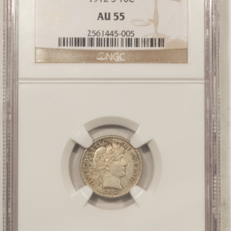 Barber Dimes 1912-S BARBER DIME – NGC AU-55, BETTER DATE, SMALL CHIPS IN HOLDER