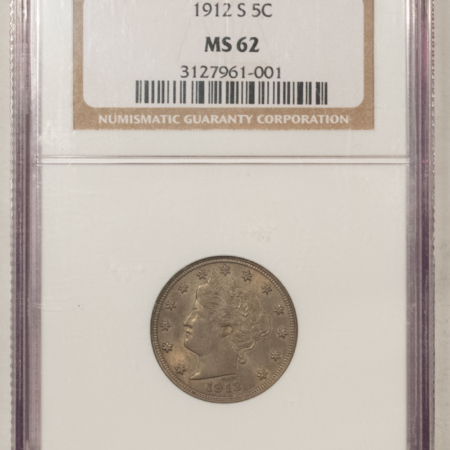 Liberty Nickels 1912-S LIBERTY NICKEL – NGC MS-62, ORIGINAL FRESH KEY-DATE!