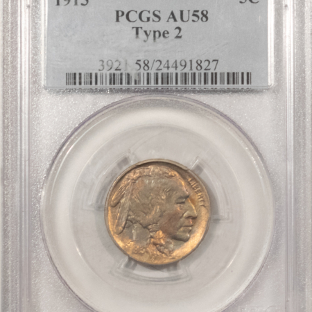 Buffalo Nickels 1913 BUFFALO NICKEL, TYPE 2 – PCGS AU-58, GORGEOUS!