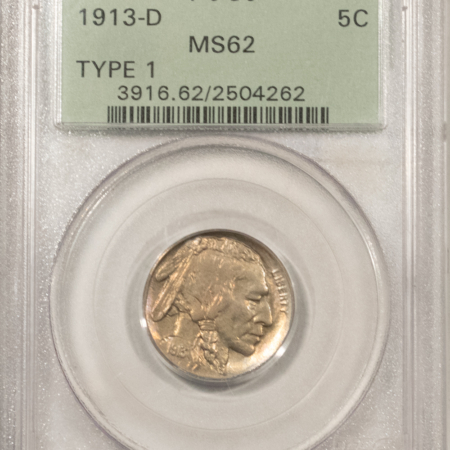 Buffalo Nickels 1913-D BUFFALO NICKEL, TYPE 1 – PCGS MS-62, OLD GREEN HOLDER & PREMIUM QUALITY!