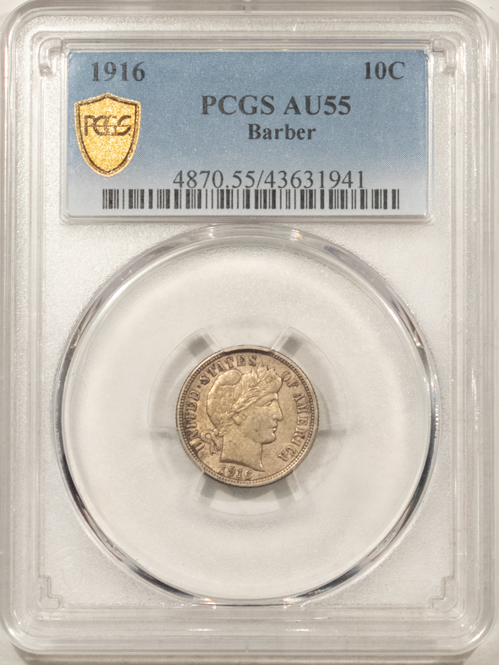 Barber Dimes 1916 BARBER DIME – PCGS AU-55, NICE ORIGINAL! Barber Dimes 1916 BARBER DIME – PCGS AU-55, NICE ORIGINAL!