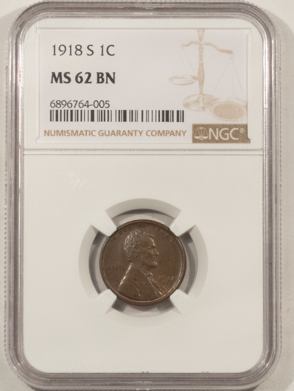 Lincoln Cents (Wheat) 1918-S LINCOLN CENT – NGC MS-62 BN, PREMIUM QUALITY! Lincoln Cents (Wheat) 1918-S LINCOLN CENT – NGC MS-62 BN, PREMIUM QUALITY!
