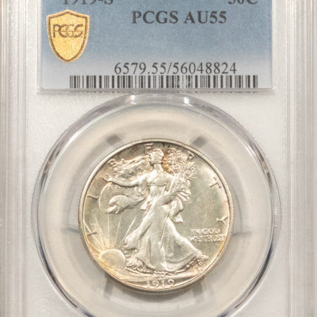 Half Dollars 1919-S WALKING LIBERTY HALF DOLLAR – PCGS AU-55, RARE! LUSTROUS!