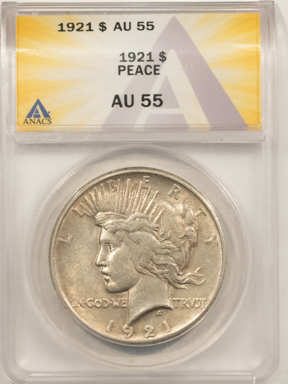Dollars 1921 $1 PEACE DOLLAR – ANACS AU-55, NICE ORIGINAL! Dollars 1921 $1 PEACE DOLLAR – ANACS AU-55, NICE ORIGINAL!