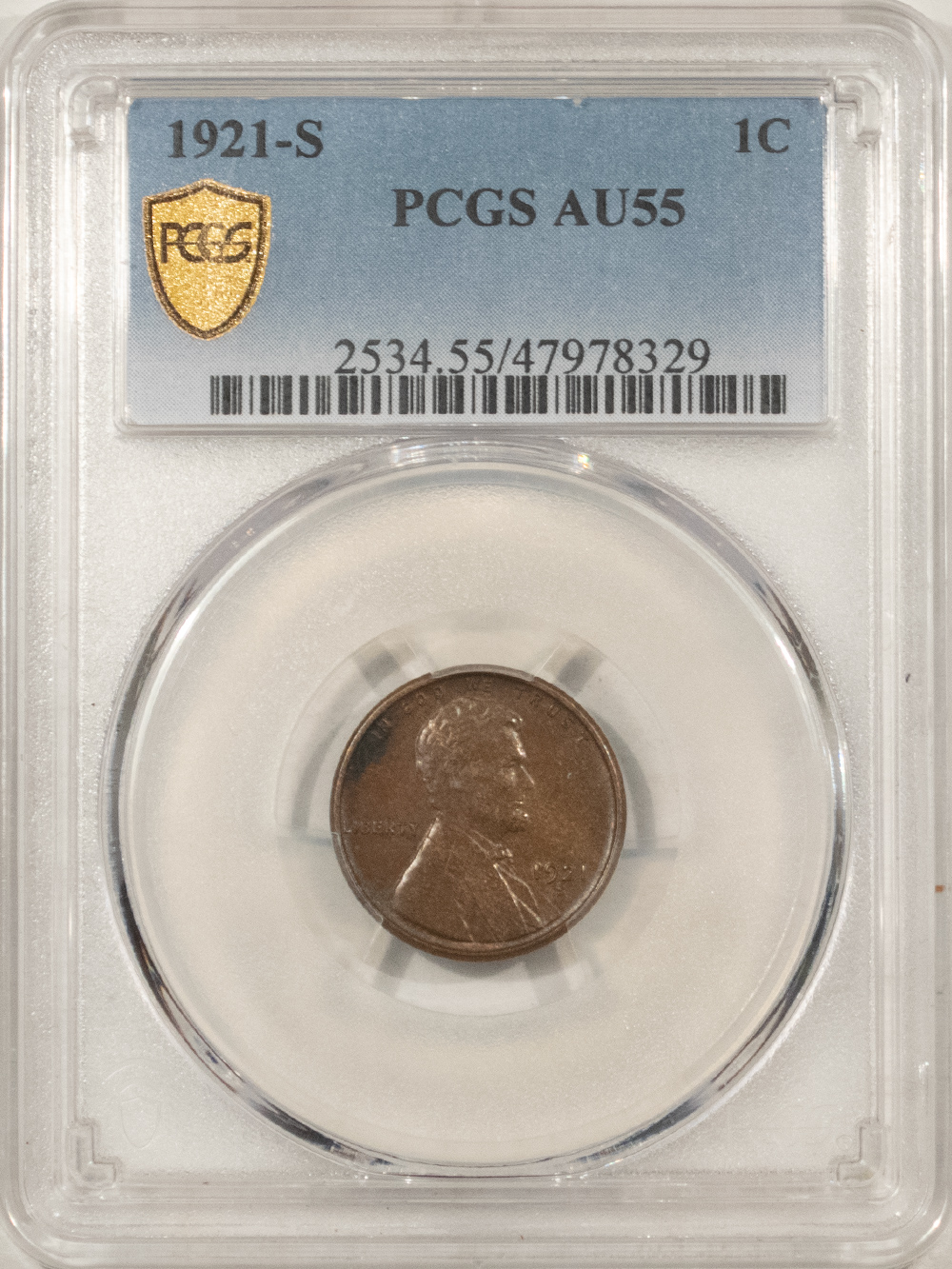 Lincoln Cents (Wheat) 1921-S LINCOLN CENT – PCGS AU-55 Lincoln Cents (Wheat) 1921-S LINCOLN CENT – PCGS AU-55