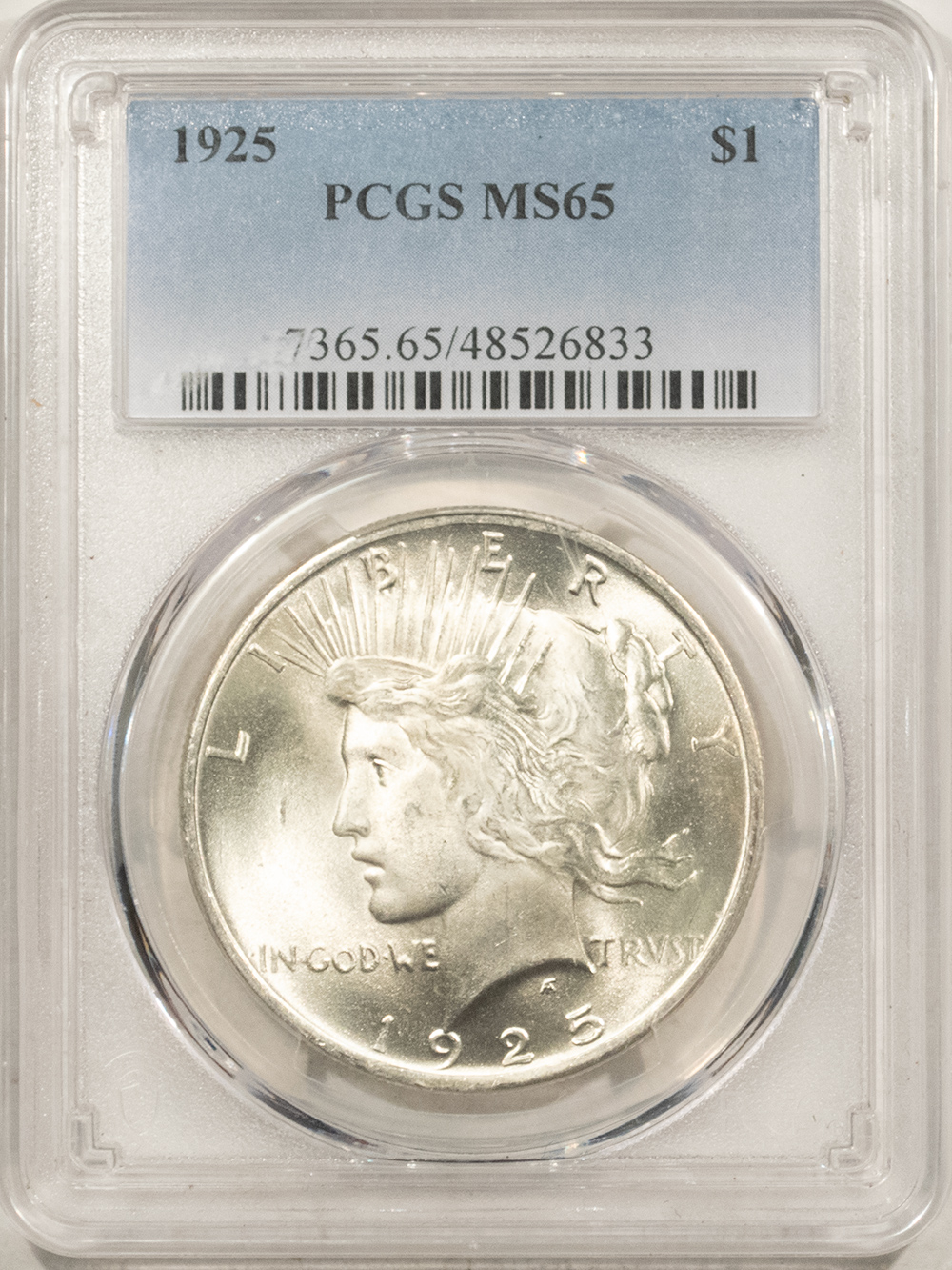 Dollars 1925 $1 PEACE DOLLAR – PCGS MS-65, WHITE GEM! Dollars 1925 $1 PEACE DOLLAR – PCGS MS-65, WHITE GEM!