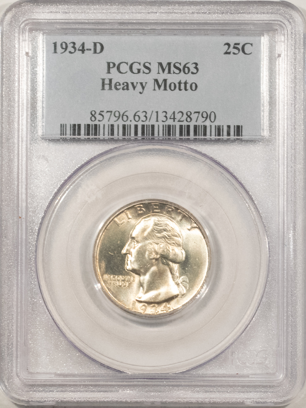 New Certified Coins 1934-D WASHINGTON QUARTER, HEAVY MOTTO – PCGS MS-63 New Certified Coins 1934-D WASHINGTON QUARTER, HEAVY MOTTO – PCGS MS-63