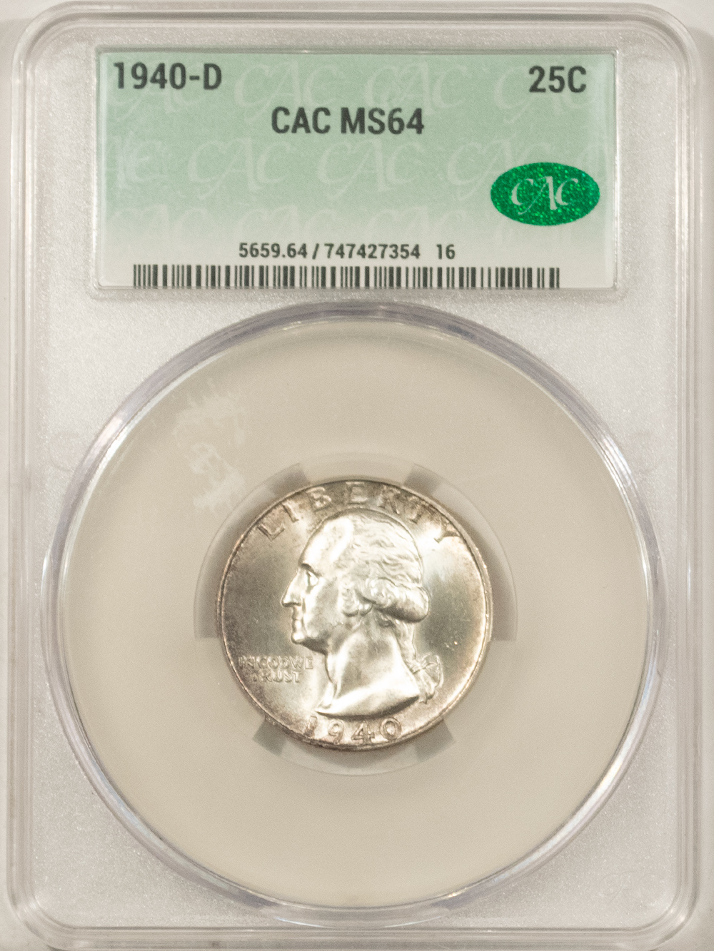 CAC Approved Coins 1940-D WASHINGTON QUARTER – CACG MS-64, PREMIUM QUALITY! CAC APPROVED! CAC Approved Coins 1940-D WASHINGTON QUARTER – CACG MS-64, PREMIUM QUALITY! CAC APPROVED!