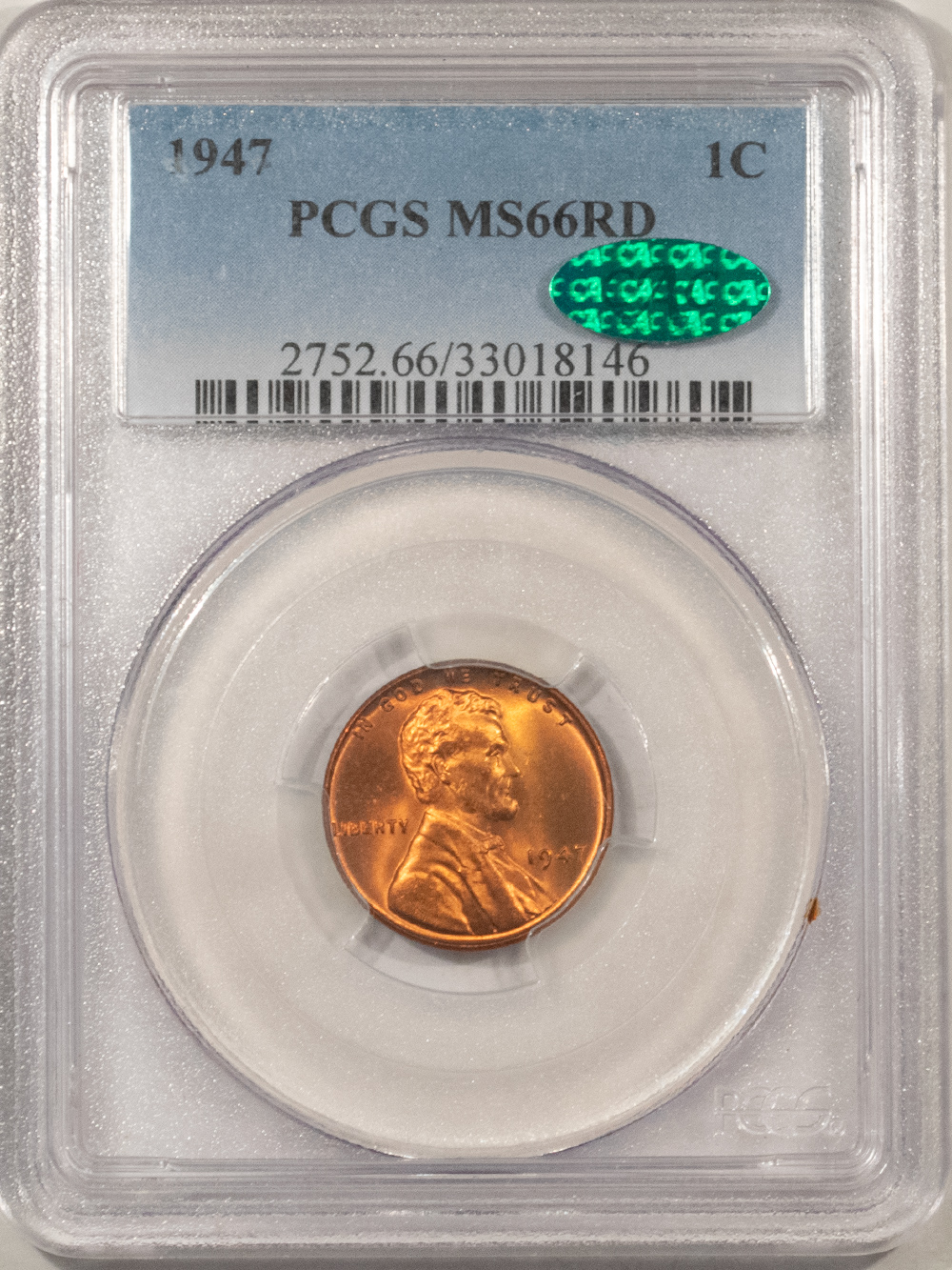 Lincoln Cents (Wheat) 1947 LINCOLN CENT – PCGS MS-66 RD, PREMIUM QUALITY+! CAC APPROVED! Lincoln Cents (Wheat) 1947 LINCOLN CENT – PCGS MS-66 RD, PREMIUM QUALITY+! CAC APPROVED!
