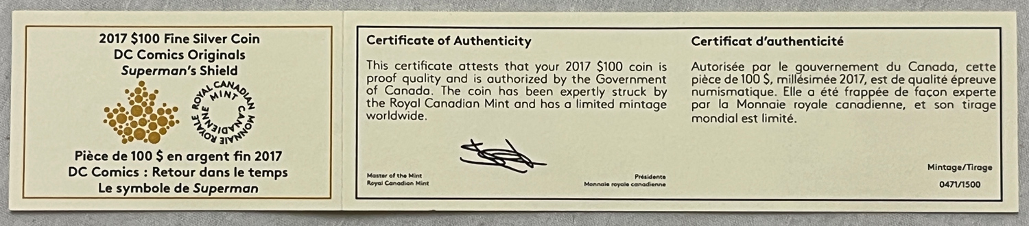 Bullion 2017 $100 CANADA 10 OZ .9999 SILVER DC COMICS, SUPERMAN’S SHIELD COLORIZED, RARE Bullion 2017 $100 CANADA 10 OZ .9999 SILVER DC COMICS, SUPERMAN’S SHIELD COLORIZED, RARE