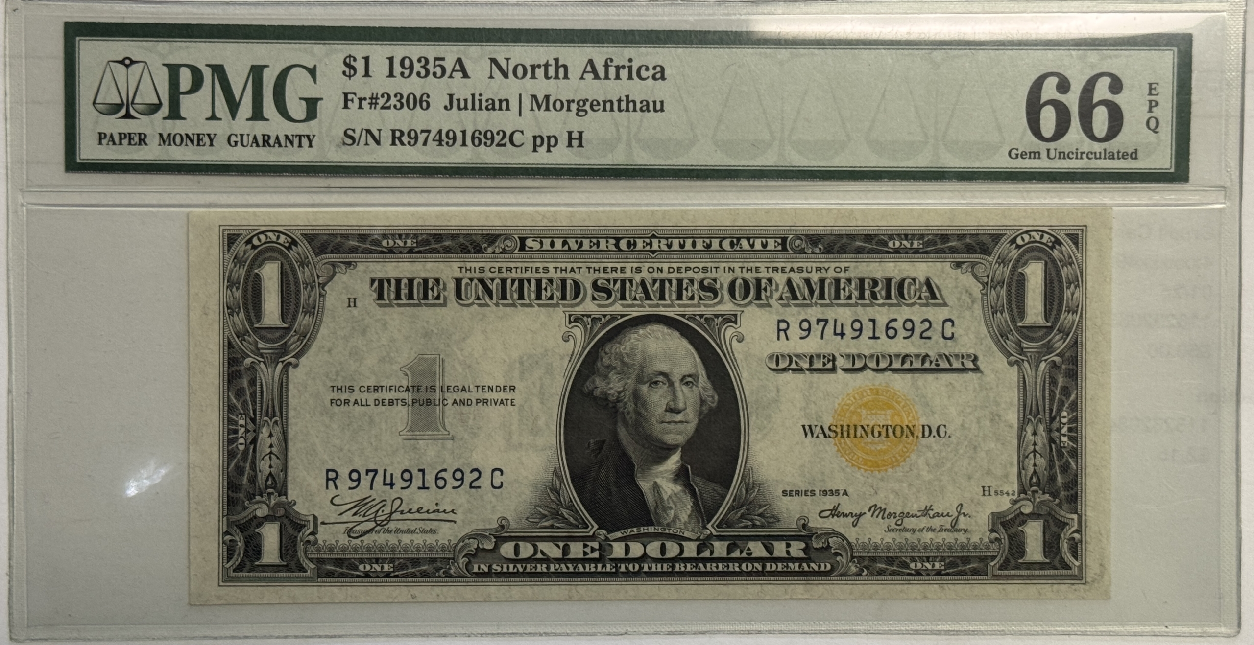 U.S. Currency 1935-A $1 NORTH AFRICA EMERGENCY SILVER CERIFICATE FR #2306 PMG CU-66 EPQ SUPERB U.S. Currency 1935-A $1 NORTH AFRICA EMERGENCY SILVER CERIFICATE FR #2306 PMG CU-66 EPQ SUPERB