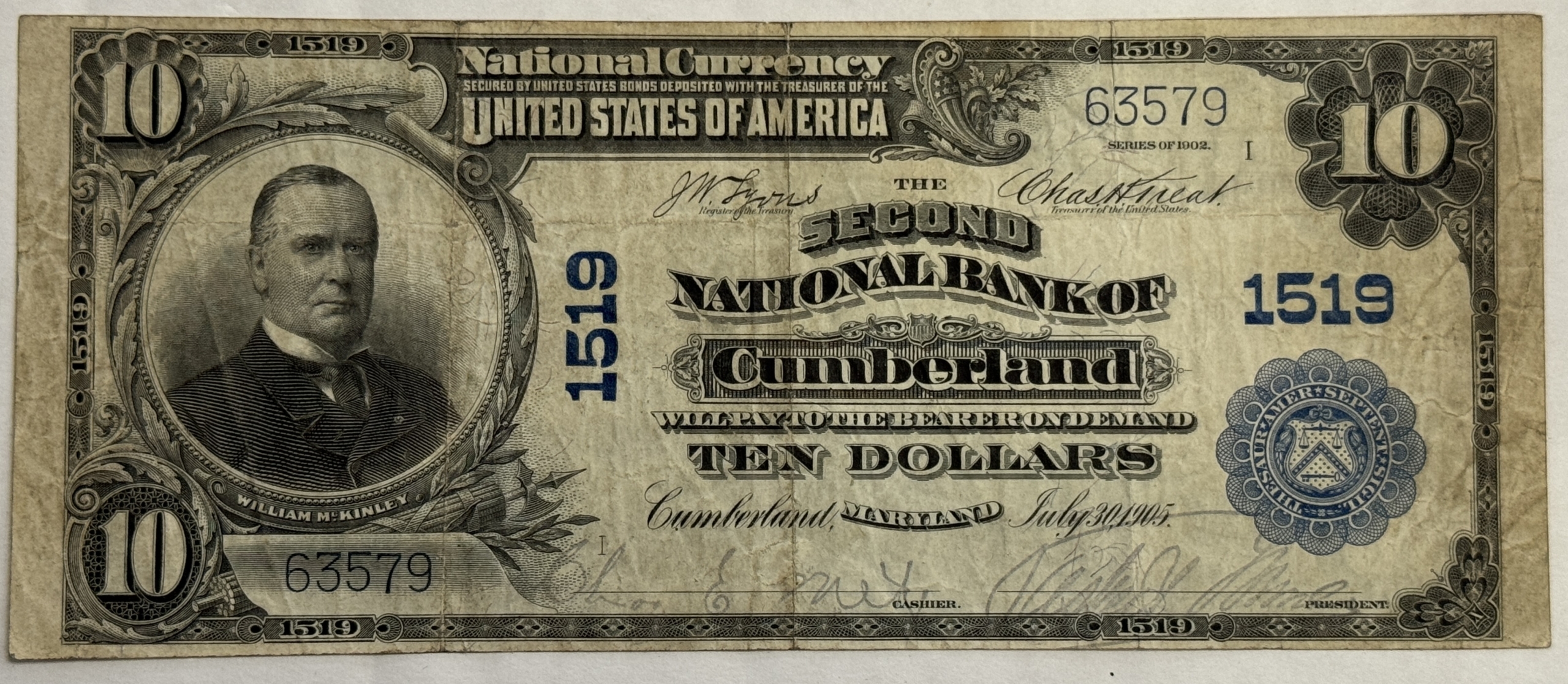 Large National Currency 1902 $10 SECOND NATIONAL BANK CUMBERLAND, MD NATIONAL CURRENCY CHTR 1519 NICE VF Large National Currency 1902 $10 SECOND NATIONAL BANK CUMBERLAND, MD NATIONAL CURRENCY CHTR 1519 NICE VF
